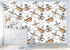Wizualizacja tapety do pokoju dziecięcego. Tapeta z afrykańskimi zwierzętami lecącymi samolotem wśród chmur, na białym tle.