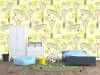 Wizualizacja tapety na ścianę do pokoju dziecięcego. Tapeta przedstawia żyrafy grające w piłkę nożną, na jasnym tle z piłkami i bramkami.