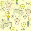 Wizualizacja tapety na ścianę do pokoju dziecięcego. Tapeta przedstawia żyrafy grające w piłkę nożną, na jasnym tle z piłkami i bramkami.