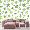 Wizualizacja tapety do pokoju dziennego, młodzieżowego, sypialni, salonu, przedpokoju, biura z motywem tropikalnym. Tapeta przedstawia zielone liście egzotycznych roślin, na białym tle.