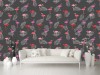 Wizualizacja tapety do pokoju dziennego, młodzieżowego, sypialni, salonu, przedpokoju, biura. Tapeta przedstawia różowe flamingi i delikatne liście, na szarym tle.