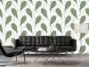 Wizualizacja tapety do pokoju dziennego, sypialni, salonu, przedpokoju, biura. Tapeta przedstawia zielone liście i szarą siatkę, na białym tle.