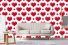 Wizualizacja tapety do pokoju dziennego, młodzieżowego, sypialni, salonu, przedpokoju, biura  w czerwone serca z błyszczących rubinów, na białym tle.