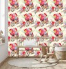 Wizualizacja tapety do pokoju dziennego, sypialni, salonu, przedpokoju. Tapeta przedstawia bukiet kolorowych kwiatów w rowerowym koszyczku, na kremowym tle.