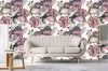 Wizualizacja tapety do pokoju dziennego, sypialni, salonu, przedpokoju, biura w stylu vintage. Tapeta przedstawia kolorowe ptaki oraz różowe i białe kwiaty, malowane akwarelą.