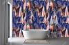 Wizualizacja tapety do pokoju dziennego, sypialni, salonu, przedpokoju, biura z motywem tropikalnym. Wzór tapety przedstawia szare, niebieskie i różowe liście.