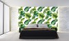 Wizualizacja tapety do pokoju dziennego, sypialni, salonu, przedpokoju, biura z motywem tropikalnych roślin. Tapeta w tropikalnym klimacie przedstawiająca zielone, egzotyczne liście, na białym tle.