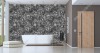Wizualizacja tapety do pokoju dziennego, sypialni, salonu, przedpokoju, biura. Tapeta przedstawia modny wzór w białe kwiaty i liście, na szarym tle.