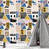 Wizualizacja tapety do pokoju dziecięcego, młodzieżowego z motywem miejskim. Tapeta przedstawia kolorowe budynki dużego miasta.