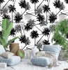 Wizualizacja tapety do pokoju dziennego, dziecięcego, młodzieżowego, sypialni, salonu, przedpokoju, biura. Na białym tle tapety prezentują się egzotyczne palmy w kolorze czarnym i szarym.