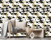 Wizualizacja tapety do pokoju dziennego, dziecięcego, młodzieżowego, sypialni, salonu, przedpokoju, biura w trójkąty geometryczne, w kolorze białym, czarnym i złocistym.