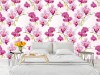Wizualizacja tapety do pokoju dziennego, dziecięcego, młodzieżowego, sypialni, salonu, przedpokoju, biura. Tapeta przedstawia pstrokate i różowe storczyki (orchidee), na różowym tle.