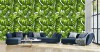 Wizualizacja tapety do pokoju dziennego, młodzieżowego, sypialni, salonu, przedpokoju, biura  z motywem tropikalnym. Tapeta przedstawia zielone liście egzotycznych roślin, na białym tle.