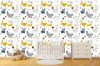 Wizualizacja tapety na ścianę do pokoju dziecięcego w szaro-żółte koty, kury, kaczki i króliki, na białym tle.