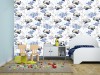 Wizualizacja tapety na ścianę do pokoju dziecięcego, w samoloty latające wśród niebieskich chmur, na białym tle.