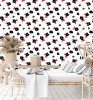 Wizualizacja tapety do pokoju dziennego, młodzieżowego, sypialni, salonu, przedpokoju, biura. Wzór tapety w abstrakcyjne, czarne kwiaty i czerwone liście, na białym tle.