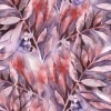 Wizualizacja tapety, gałązki liści w odcieniach fioletu, czerwieni i różu.