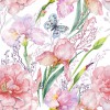 Wzornik tapety, wiosenne kwiaty i motyle w delikatnych kolorach różu na białym tle.