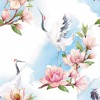 Wizualizacja tapety, żurawie w delikatnych, różowych magnoliach na białym tle z odcieniem błękitu.