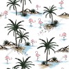Wizualizacja tapety, różowe flamingi brodzące po wodzie, pod palmami.