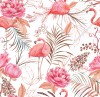 Wizualizacja tapety, flamingi i piwonie w odcieniach różu na białym tle.
