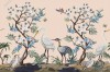 Wizualizacja tapety, ptaki wśród kwitnących drzew na jasnym tle. 