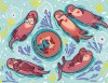 Wizualizacja tapety, brązowe wydry pływające w wodzie.
