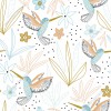 Wizualizacja tapety, kolibry w okresie wiosennym na białym tle. Kolory pastelowe.