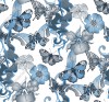 Wizualizacja tapety, motyw kwiatowy z motylami w odcieniach koloru niebieskiego i szarego.