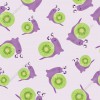 Wizualizacja tapety, fioletowe ślimaki z owocami kiwi na jasnym tle.
