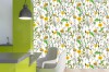 Wizualizacja tapety, wiosenne kwiaty na łące o wyraźnych kolorach zielonych i żółtych, na białym tle.