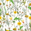 Wizualizacja tapety, wiosenne kwiaty na łące o wyraźnych kolorach zielonych i żółtych, na białym tle.