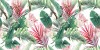Wizualizacja tapety, liście i kwiaty w odcieniach zieleni i czerwieni na białym tle.