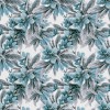 Wizualizacja tapety, niebieskie kwiaty z szarymi liśćmi na białym tle.