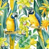Wizualizacja tapety, barwne papugi w egzotycznym ogrodzie.