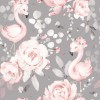 Wizualizacja tapety, młode flamingi z kwiatami na szarym tle.