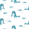 Wizualizacja tapety, foki i ryby w kolorze turkusowym na białym tle.