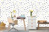 Wizualizacja tapety do pokoju dziennego, dziecięcego, młodzieżowego, sypialni, salonu, przedpokoju, biura w żółte i czarne abstrakcyjne wzory geometryczne, na białym tle.