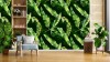 Wizualizacja tapety do pokoju dziennego, młodzieżowego, sypialni, salonu, przedpokoju, biura z motywem tropikalnym. Tapeta przedstawia zielone liście egzotycznych roślin, na czarnym tle.