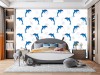 Wizualizacja tapety na ścianę do pokoju dziecięcego w skaczące, niebieskie delfiny i delikatne muszle oraz rozgwiazdy, na białym tle.