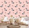 Wizualizacja tapety do pokoju dziennego, sypialni, salonu, przedpokoju w piękne, czarne łabędzie, na różowym tle.