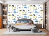 Wizualizacja tapety na ścianę do pokoju dziecięcego przedstawiająca kolorowe zwierzęta świata podwodnego takie jak: wieloryby, żółwie, ryby, rekiny, płaszczki, delfiny i raki, na białym tle.