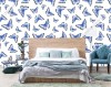 Wizualizacja tapety do pokoju dziennego, młodzieżowego, sypialni, salonu, przedpokoju, biura w niebieskie, tropikalne motyle, na białym tle.
