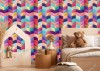 Wizualizacja tapety do pokoju dziennego, sypialni, salonu, przedpokoju, biura w kolorowe kartki papieru ułożone w równe szeregu tworzące efekt przestrzenny 3D.