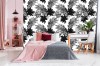 Wizualizacja tapety do pokoju dziennego, młodzieżowego, sypialni, salonu, przedpokoju, biura z tropikalnym motywem. Tapeta przedstawia czarne liście egzotycznych roślin, na białym tle.