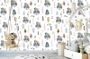 Wizualizacja tapety na ścianę do pokoju dziecięcego w sympatyczne pandy oraz wzory choinek, na białym tle.