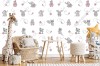 Wizualizacja tapety na ścianę do pokoju dziecięcego w szare, wesołe zwierzęta takie jak: słonie, hipopotamy, króliki, pieski, szopy, nietoperze i motylki.
