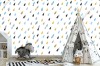 Wizualizacja tapety do pokoju dziennego, dziecięcego, młodzieżowego, sypialni, salonu, przedpokoju, biura. Tapeta przedstawia spadające, niebieskie, złote i czarne krople deszczu, na białym tle.