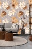 Wizualizacja tapety do pokoju dziennego, sypialni, salonu, przedpokoju, biura, przedstawia tropikalny ogród. Wzór tapety w piękne, brązowe kwiaty hibiskusa i liście, na szarym tle.