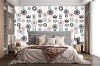 Wizualizacja tapety do pokoju dziecięcego, młodzieżowego, sypialni, w stylu skandynawskim, z ozdobnymi niebiesko-różowo-czarnymi kwiatami, na białym tle.